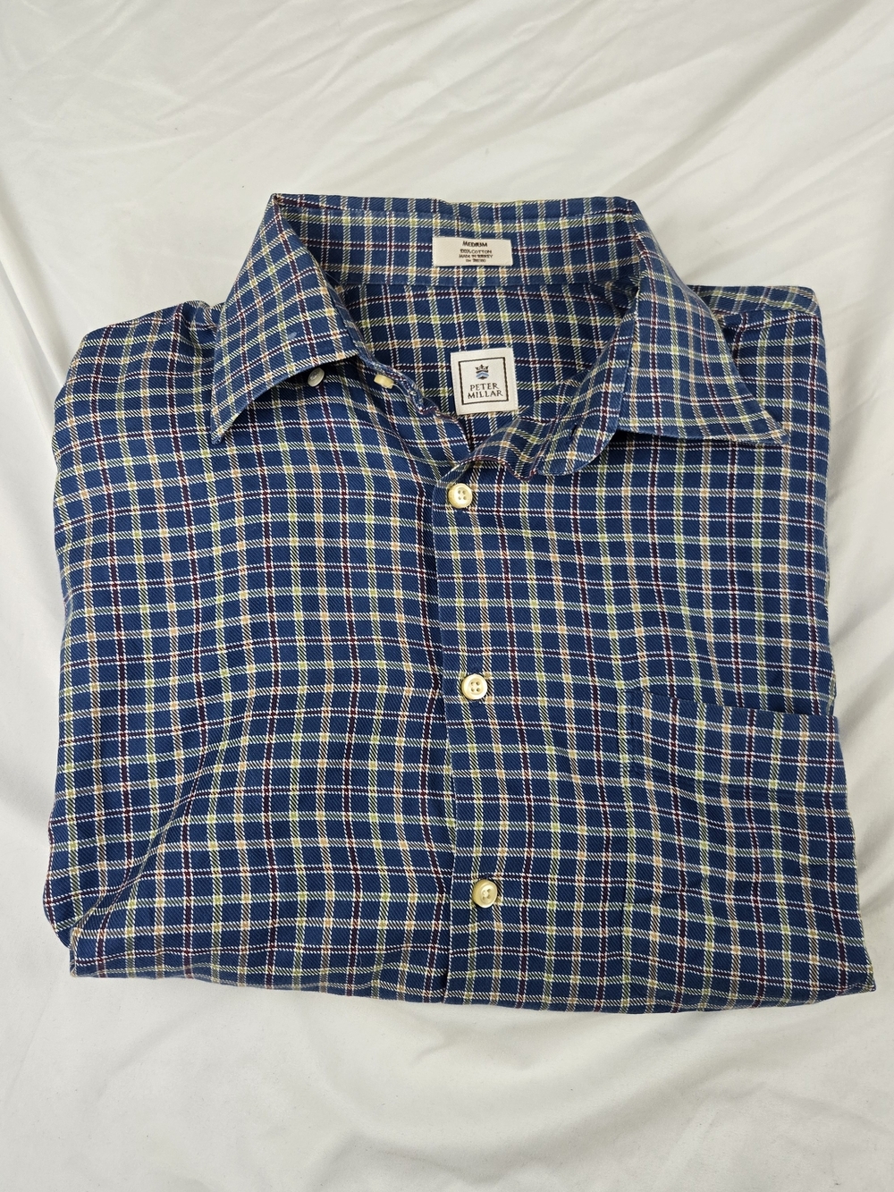 Peter Millar Men's Medium 100% Cotton Plaid Button-Down Shirt Navy Blue - Picture 6 of 9